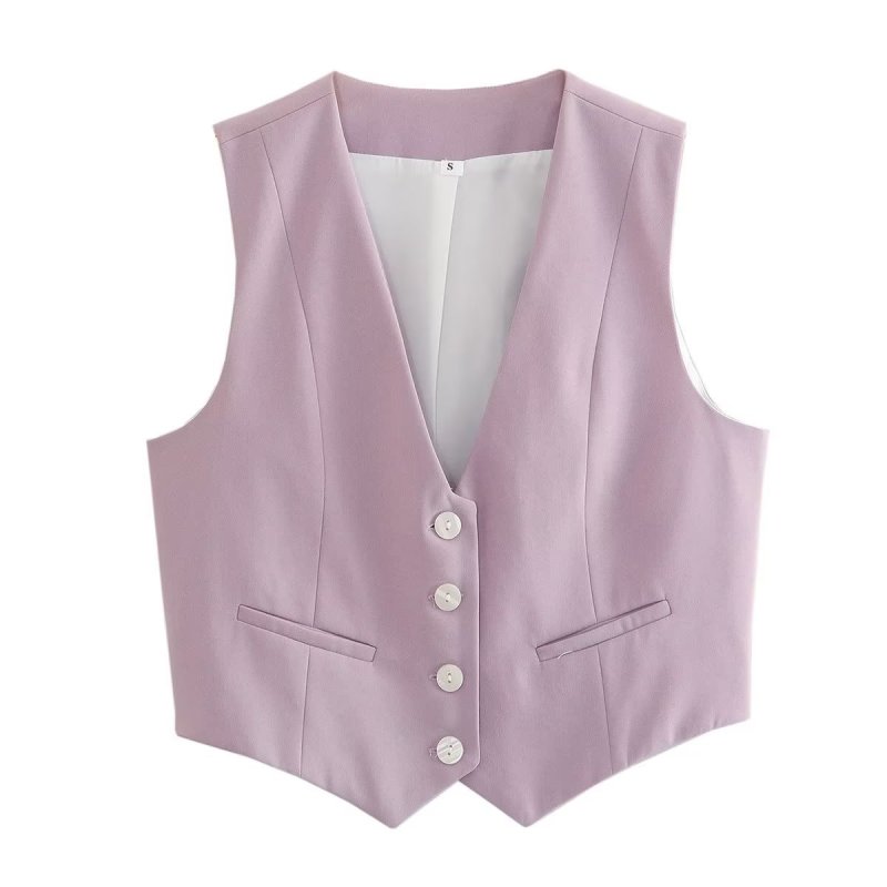 Women Cropped Casual Suit Vest Sleeveless V Neck Button Tops Regular Fitted Waistcoat