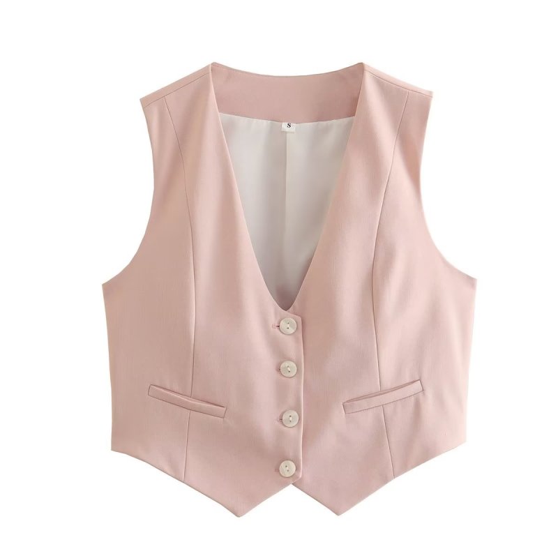 Women Cropped Casual Suit Vest Sleeveless V Neck Button Tops Regular Fitted Waistcoat