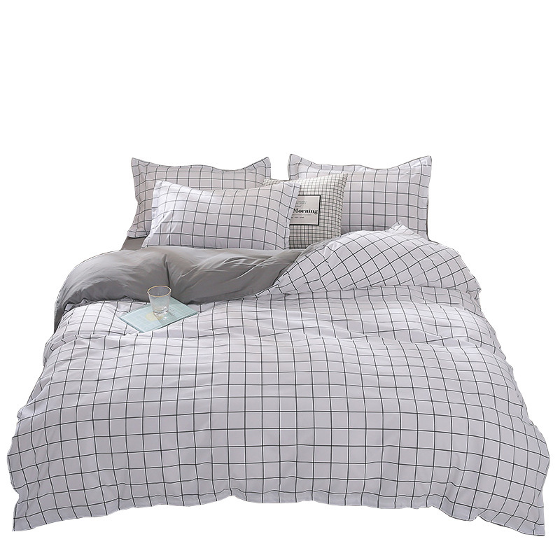 4-Piece Microfiber Duvet Cover Bed Sheet Set Black Grid Geometric