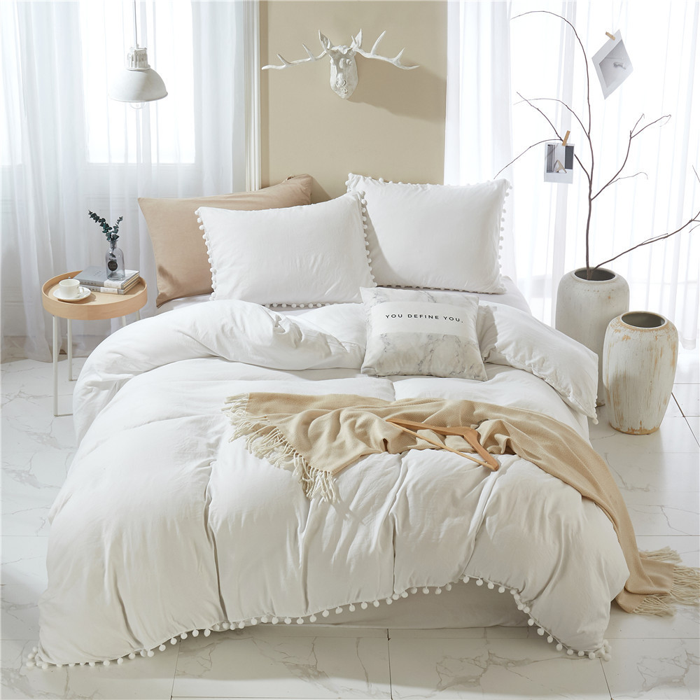 Pom Pom Fringe Duvet Cover with Pillowcases Soft Bedding Set