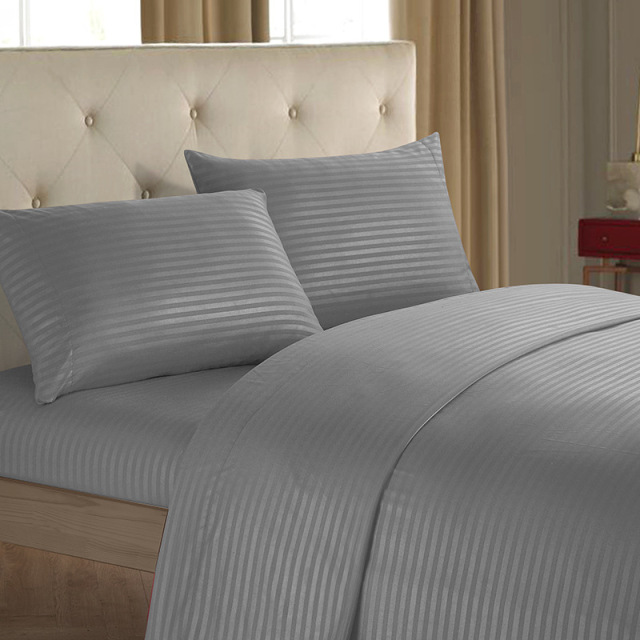 Damask Stripe Bed Set with Flat Sheet Fitted Sheet Pillowcases