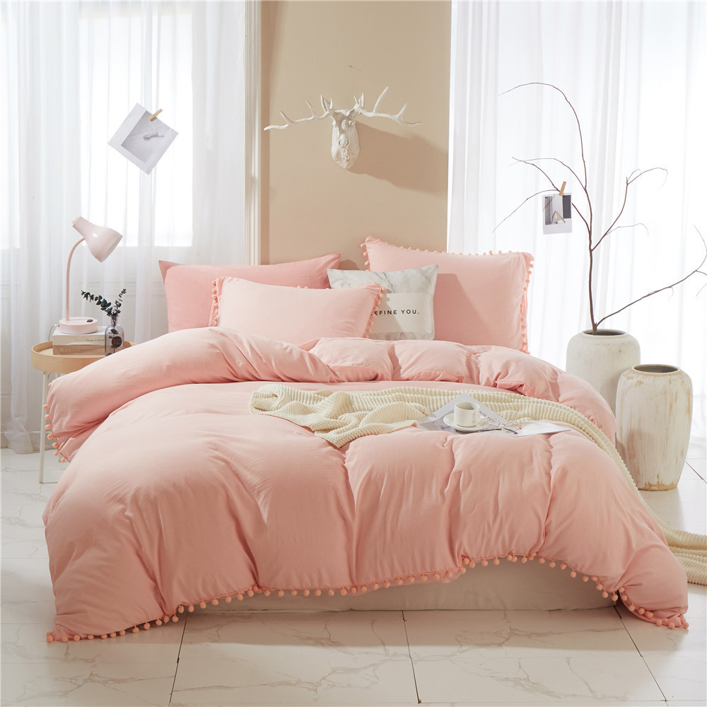 Pom Pom Fringe Duvet Cover with Pillowcases Soft Bedding Set
