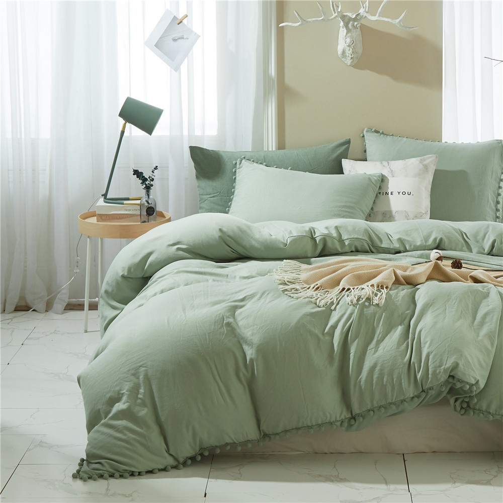 Pom Pom Fringe Duvet Cover with Pillowcases Soft Bedding Set