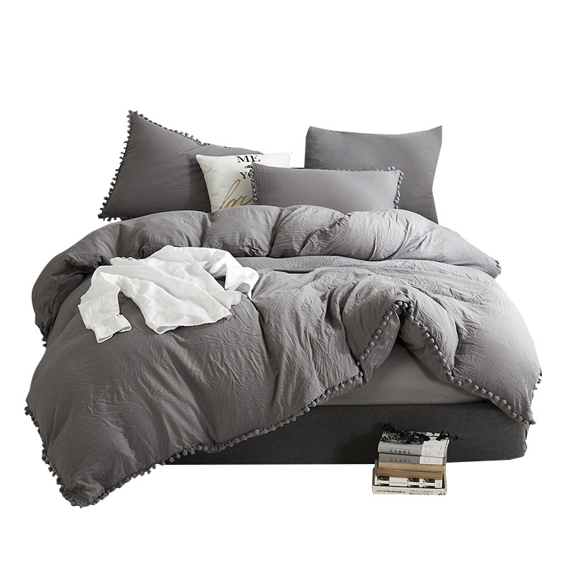 Pom Pom Fringe Duvet Cover with Pillowcases Soft Bedding Set