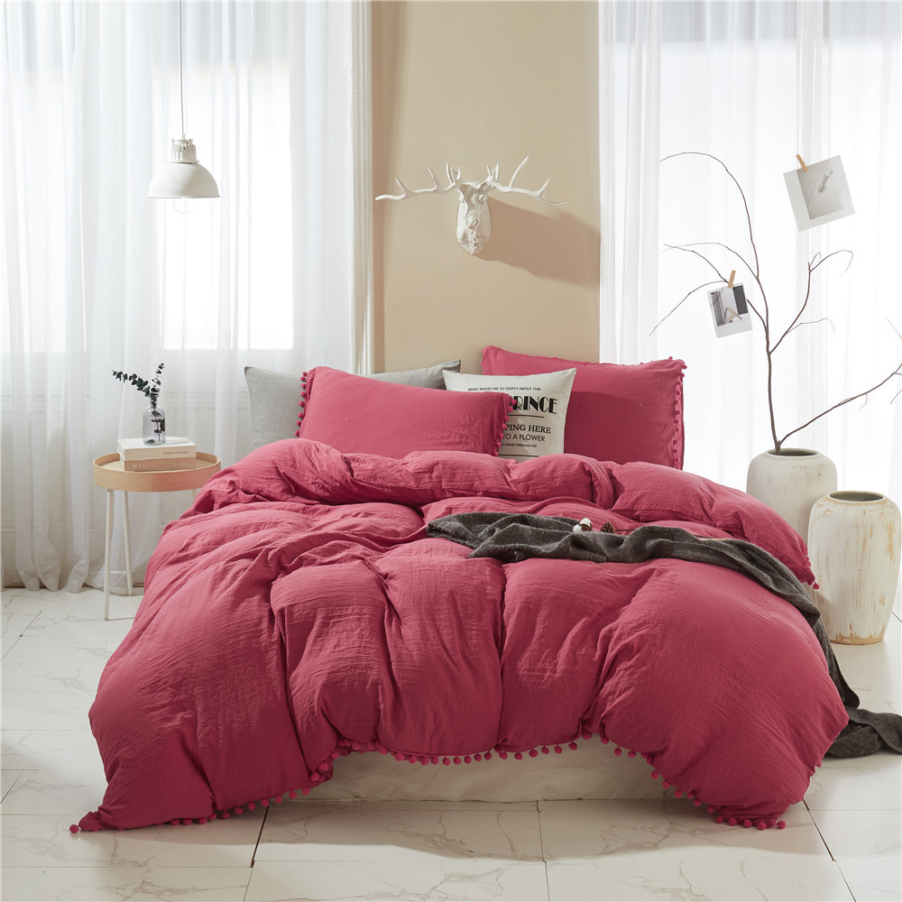 Pom Pom Fringe Duvet Cover with Pillowcases Soft Bedding Set