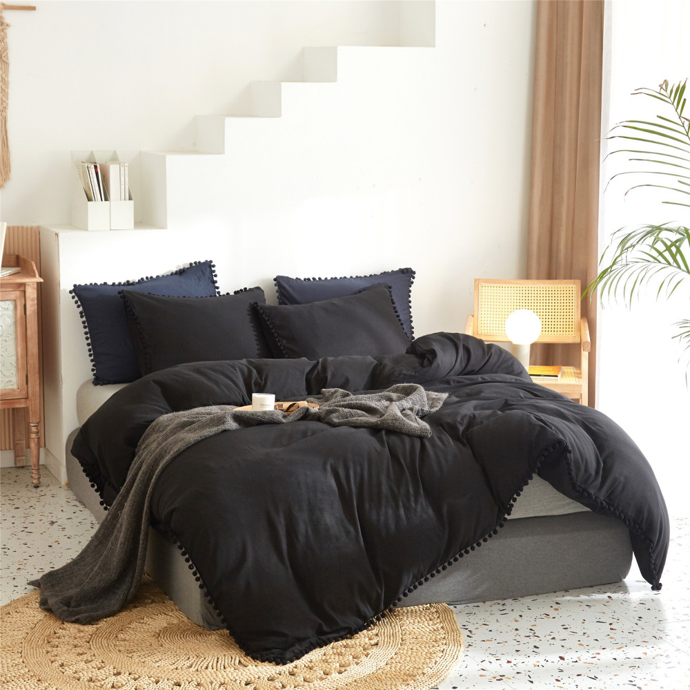 Pom Pom Fringe Duvet Cover with Pillowcases Soft Bedding Set