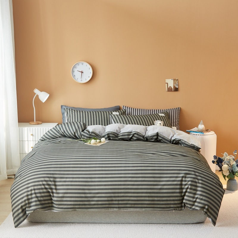 Striped Duvet Cover Sets with Flat Sheet Pillowcases Zipper Closure