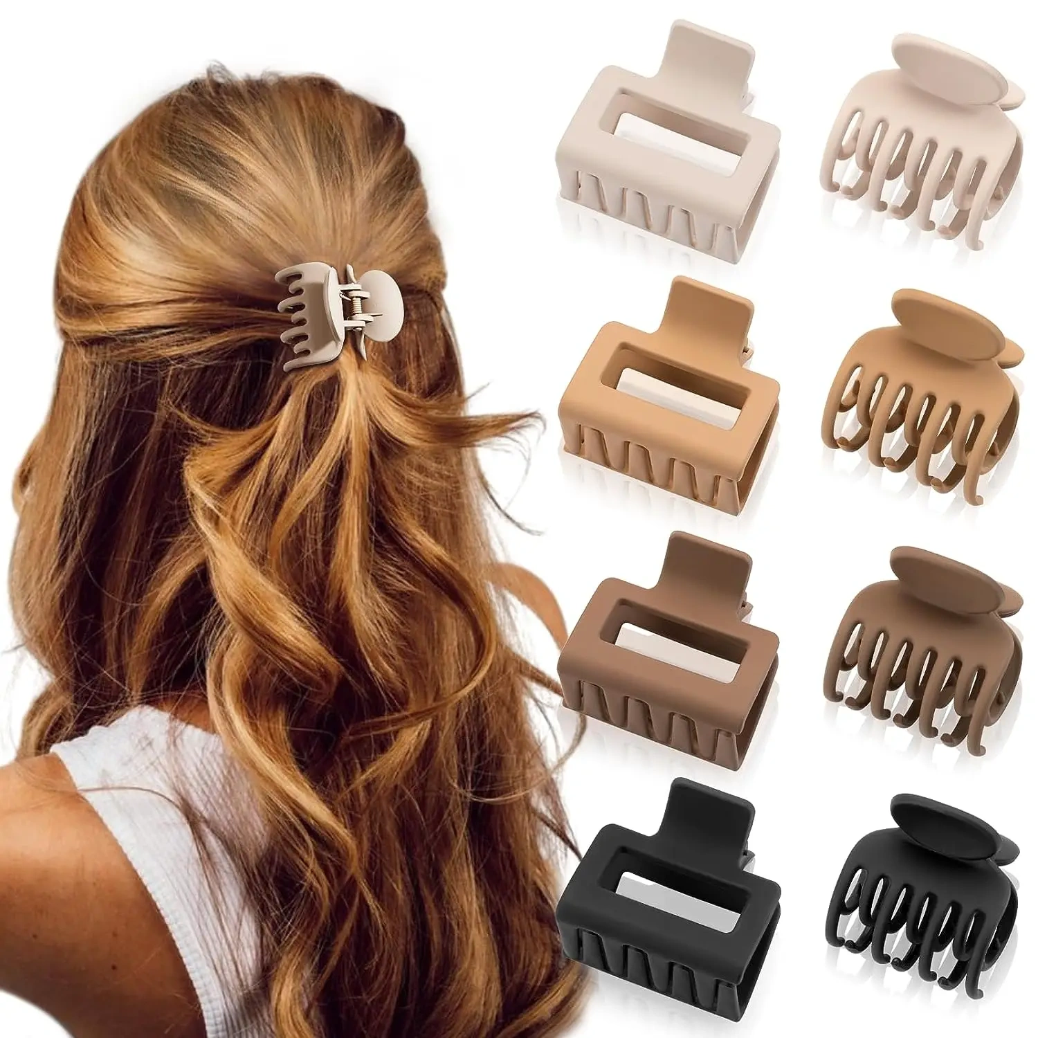 8Pcs Medium Matte Claw Hair Clips for Women 1.6" Rectangle & 1.6" Double Row Teeth Small Hair Grips for Thin to Medium Fine Hair