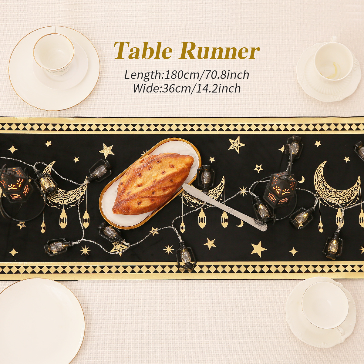 New Middle Eastern style gold-stamped decorative table runner, velvet moon decorative cloth, restaurant atmosphere oil lamp printed long tablecloth