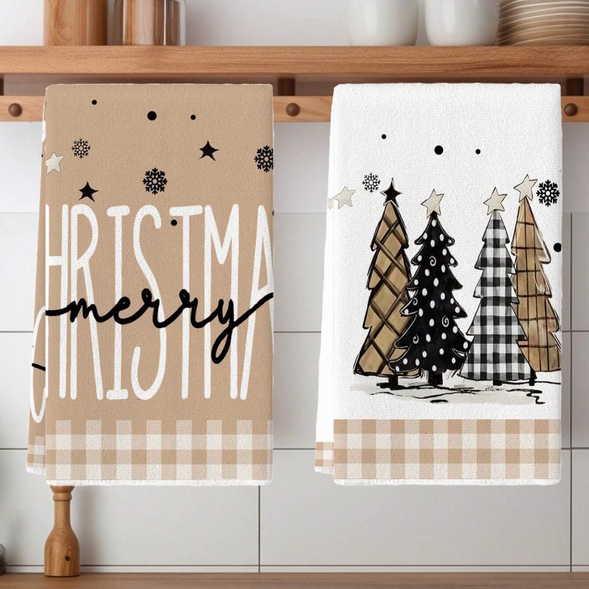 2pcs Christmas Kitchen Towels Buffalo Plaid Xmas Hand Towels Christmas Decorations for Home Noel Dish Towels Gifts