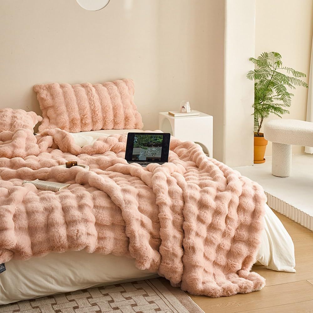 Soft Cozy Faux Fur Rabbit Blanket Warm Thick for Bed Sofa Office Elegant Home Decor Perfect Gift Durable and Versatile
