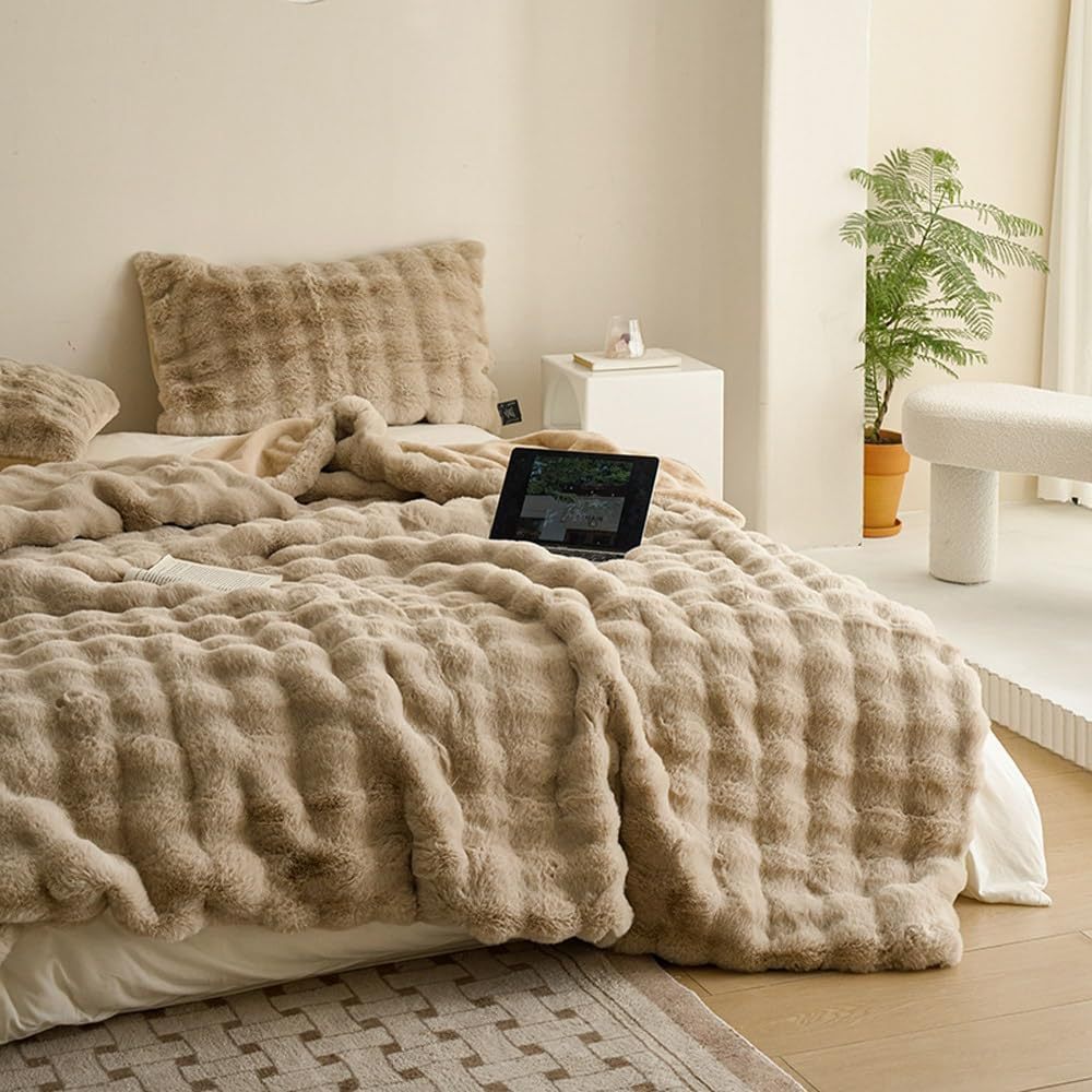 Soft Cozy Faux Fur Rabbit Blanket Warm Thick for Bed Sofa Office Elegant Home Decor Perfect Gift Durable and Versatile