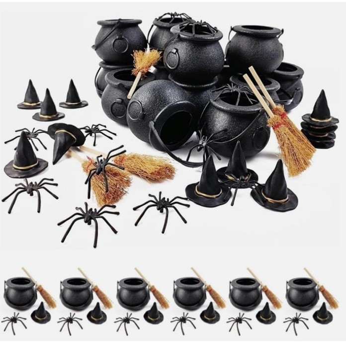 Halloween Witch Cauldron Decoration Mini Black Plastic Treat Bucket Candy Basket Trick Or Treat