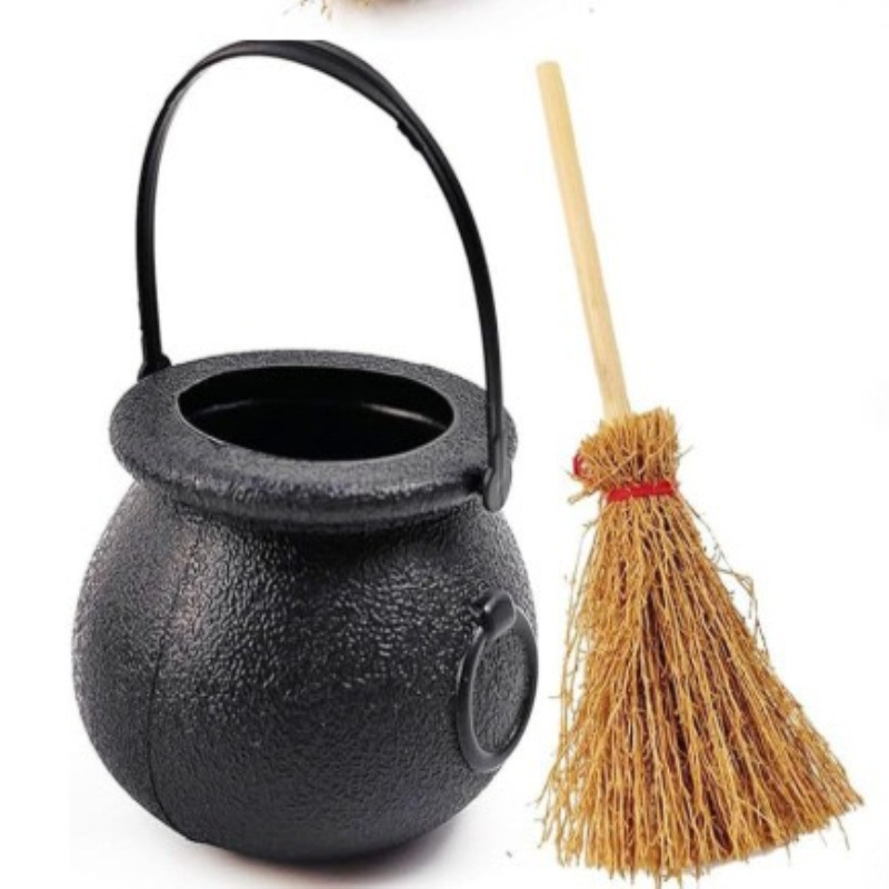 Halloween Witch Cauldron Decoration Mini Black Plastic Treat Bucket Candy Basket Trick Or Treat