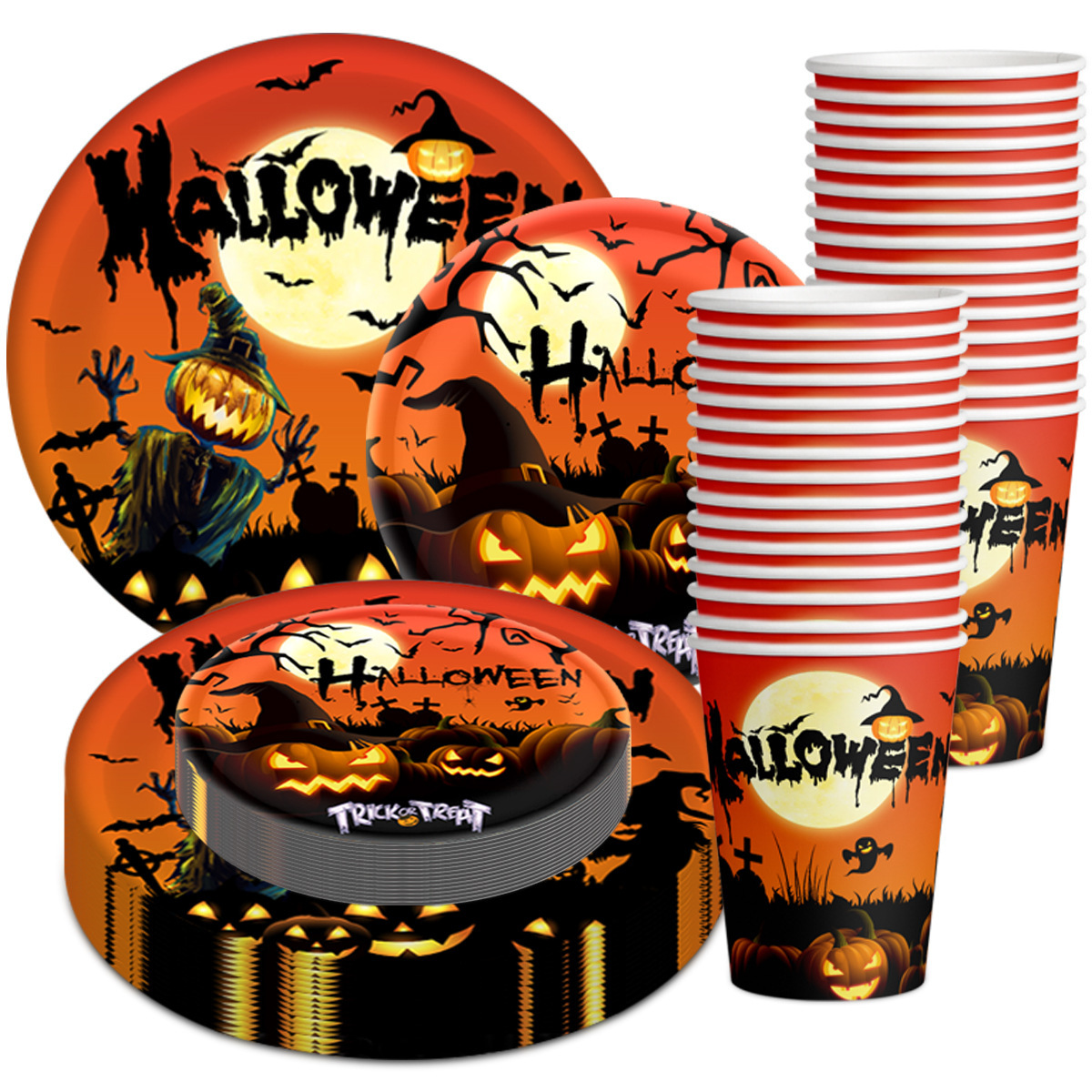 Halloween Disposable Tableware Sets Paper Plates Cups Ghost Pumpkin Halloween Party Decorations