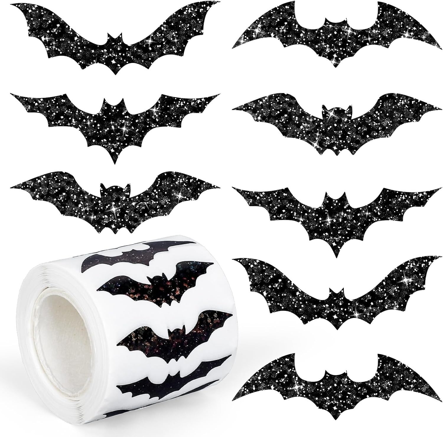 500pcs Halloween Bat Stickers Roll Laser Black Bat Waterproof 3D Glitter Self-Adhesive Stickers for Halloween Party