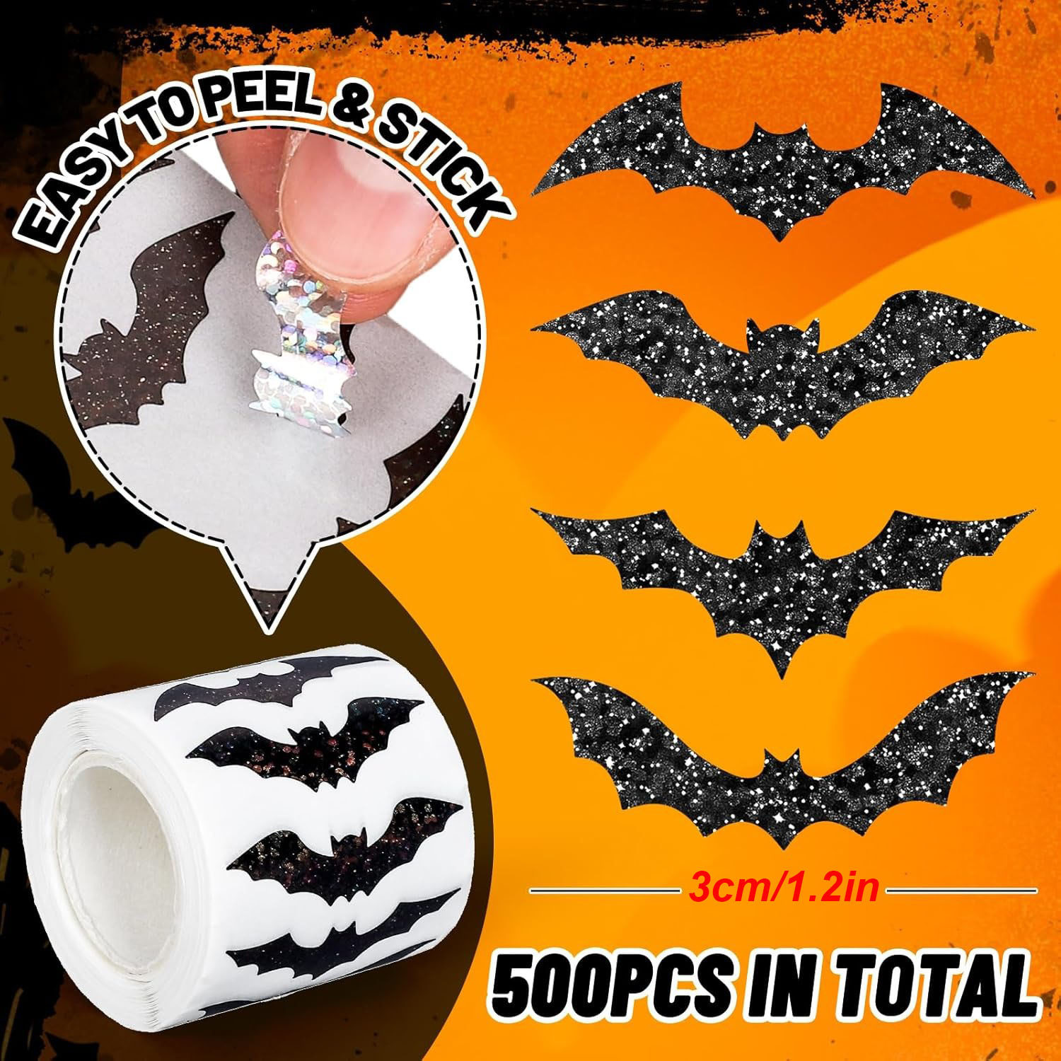 500pcs Halloween Bat Stickers Roll Laser Black Bat Waterproof 3D Glitter Self-Adhesive Stickers for Halloween Party