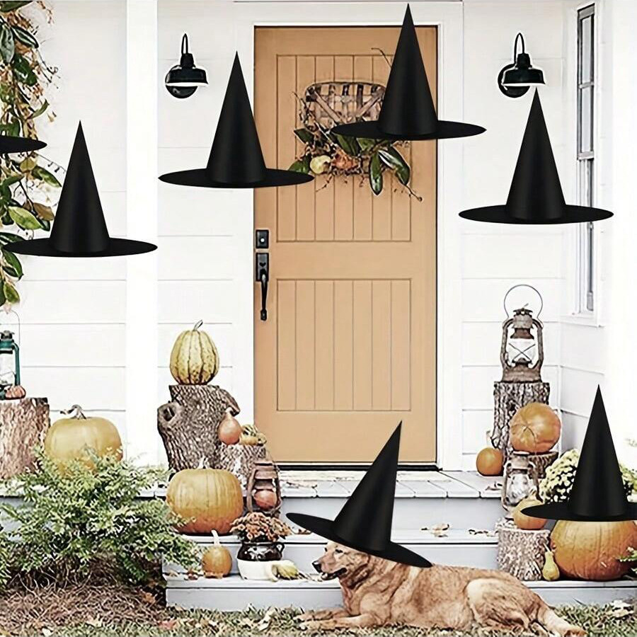12Pcs Halloween Black Witches Hats with Rope Hanging Wizard Hats Bulk for Home Outdoor Porch Halloween Decoration Party Favor