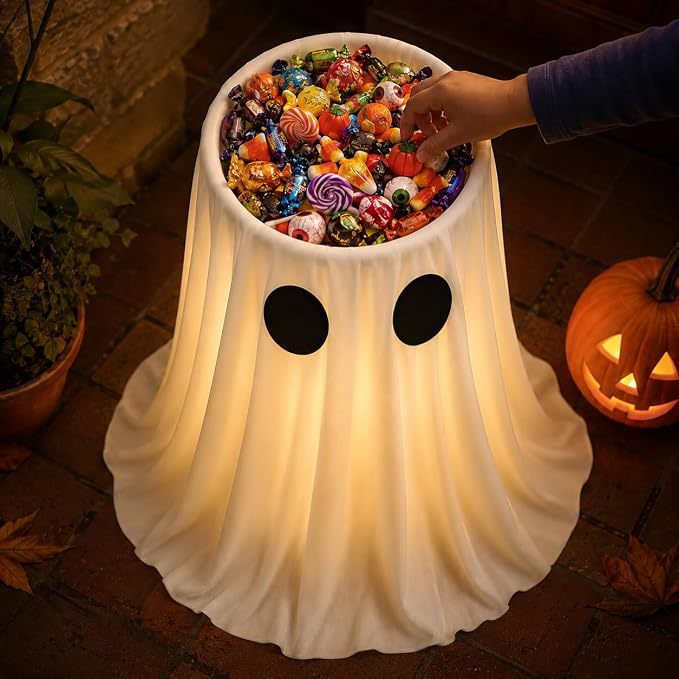 Lighted Halloween Draping Ghost Sheet Candy Bowl Adjustable Height Large Capacity for Trick-or-Treat Decoration Outdoor Porch Yard Front-Door