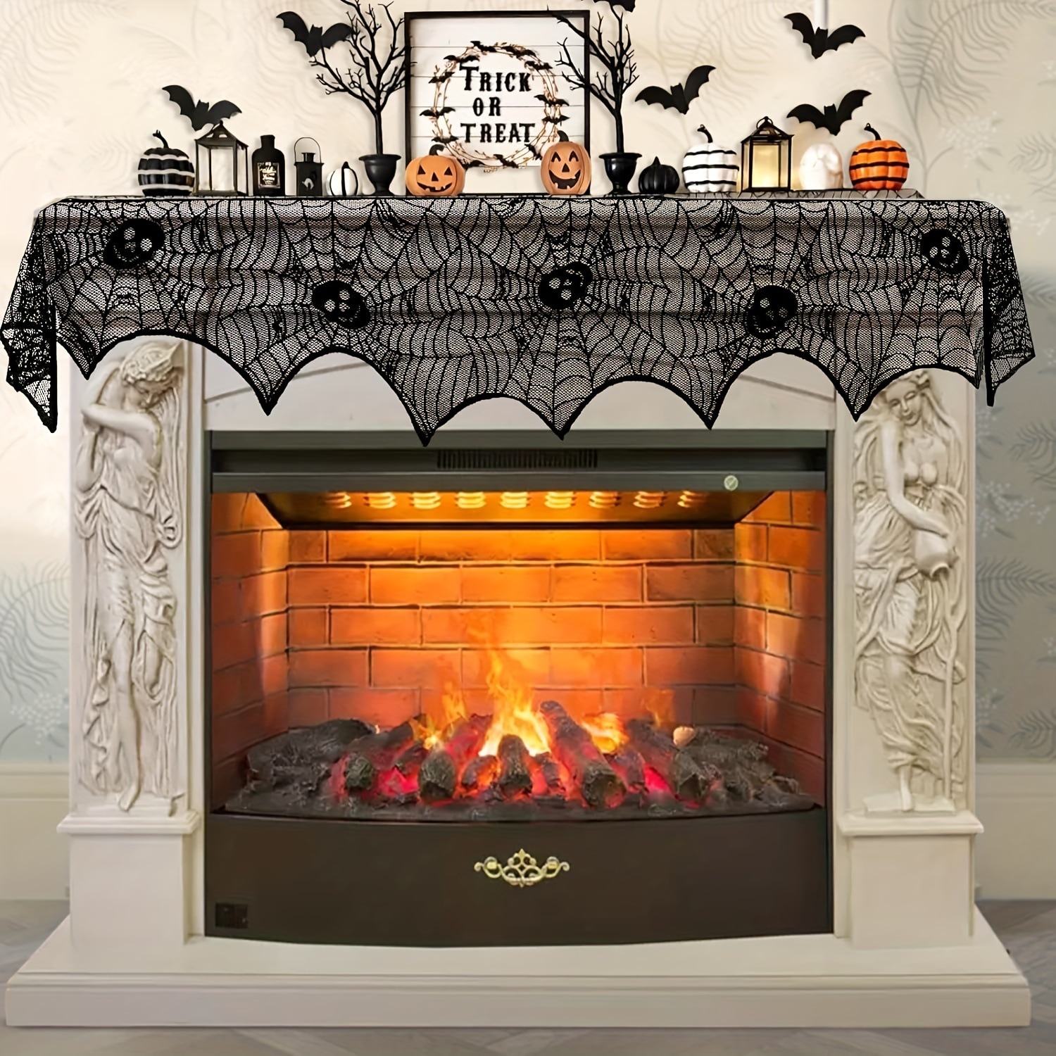 Halloween Fireplace Mantel Scarf Skull Spiderweb Lace Halloween Decor