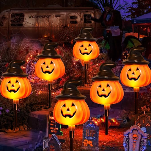 5 Pack Solar Jack O Lantern Stake String Lights Orange Halloween Pathway Decor for Outdoor Halloween Yard Display