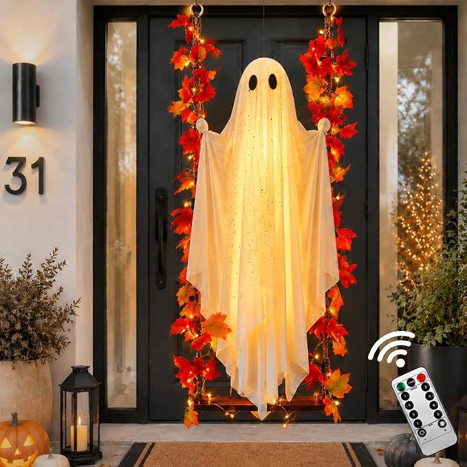 Halloween Hanging Ghost Light Decor with a Maple Leaf Swing Outdoor Yard Porch Garden