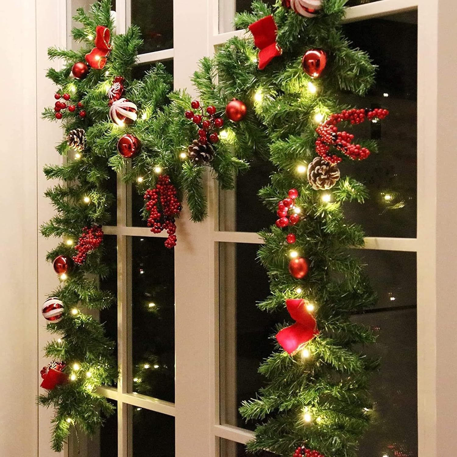 LED Christmas Garland with Pinecones Red Berries Bows Christmas Balls Candies Multi-Function