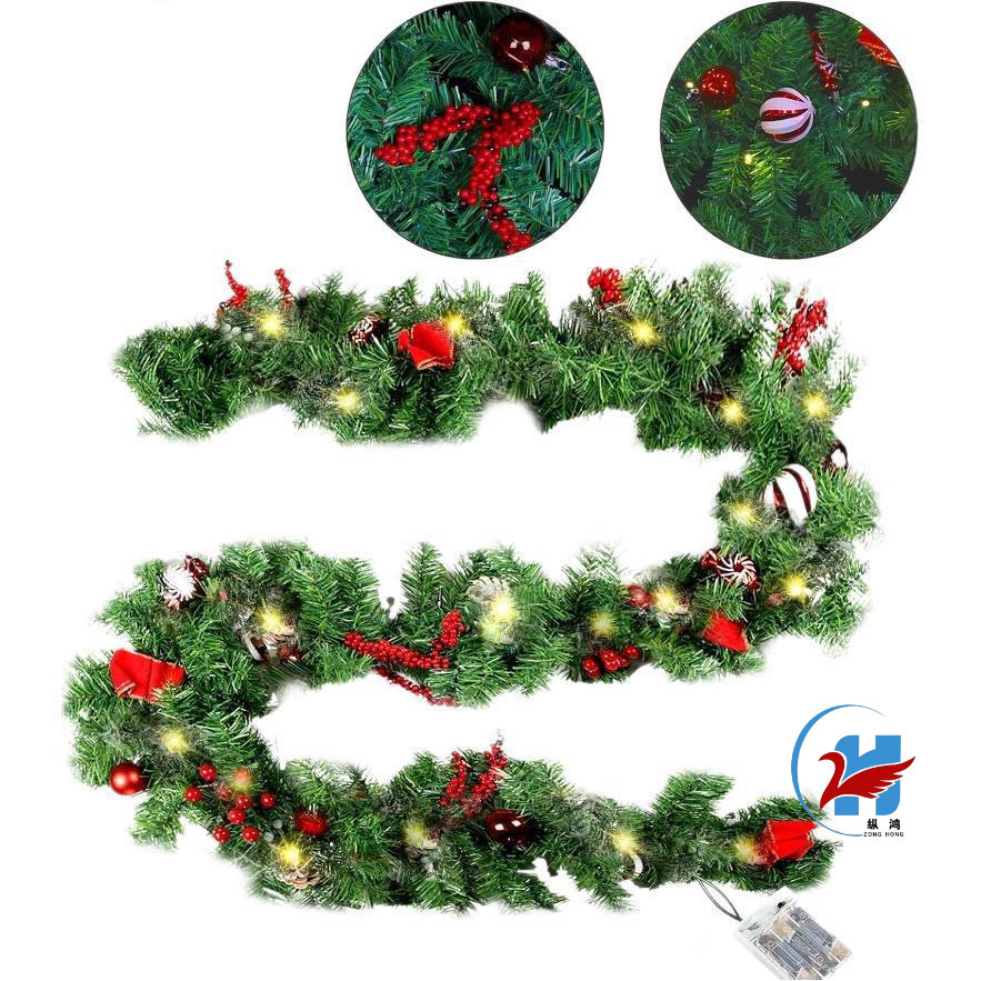 LED Christmas Garland with Pinecones Red Berries Bows Christmas Balls Candies Multi-Function