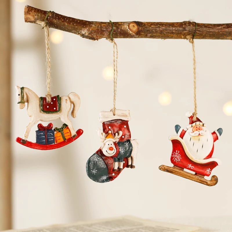 Resin Christmas Tree Ornaments Xmas Hanging Ornaments Santa Snowman Christmas Stocking Sleigh
