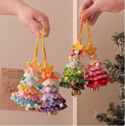 Knitted Christmas Tree with Jingle Bell Plush Christmas Hanging Pendant Wool Crochet Christmas Tree for Christmas Party Decor