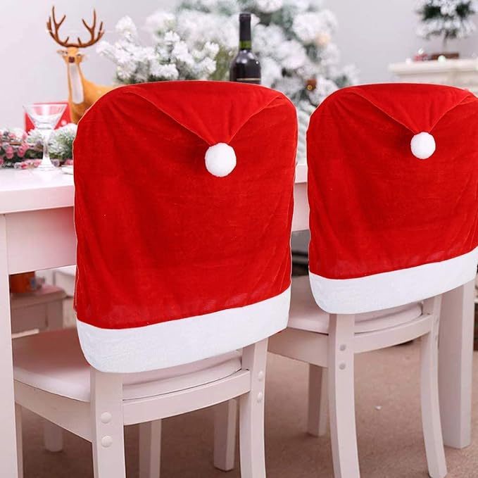 Christmas Red Hat Dining Chair Slipcovers Chair Back Covers for Christmas Holiday Festival Decoration