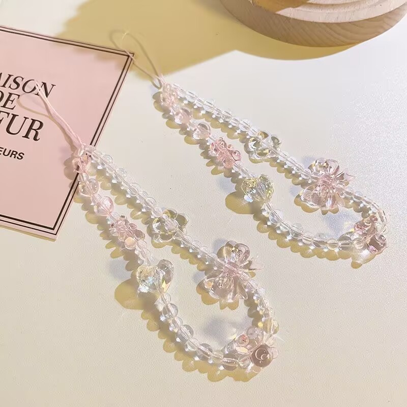 Pink Bear Butterfly Flower Phone Strap Charm Chain Knot Cellphone Lanyard Keychain Woman Girl Bag Camera Pendant For Case