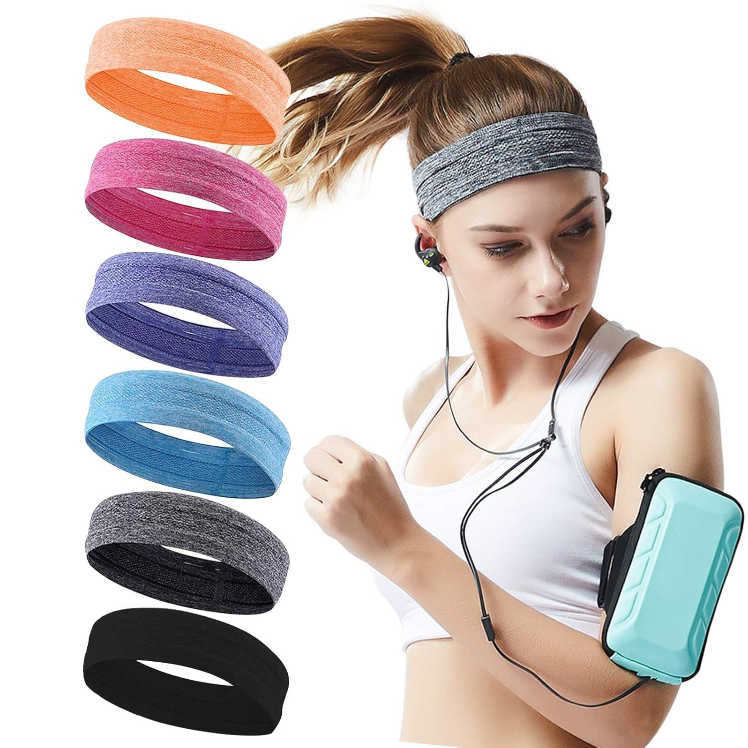 6Pack Sweat Bands Headbands for Women Workout Non Slip Moisture Wicking Sweatband for Sports Running Athletic Yoga