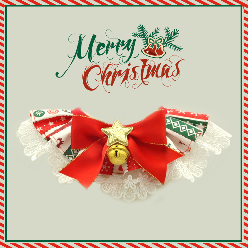 Christmas Lace Saliva Towel With Bell Pet Bow Bib Collar Scarf Plaid Bow Pendant For Dog Cat Collar Necklace Grooming Accessory