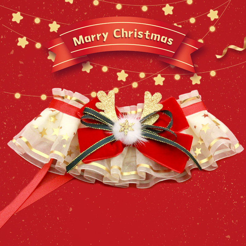 Christmas Lace Saliva Towel With Bell Pet Bow Bib Collar Scarf Plaid Bow Pendant For Dog Cat Collar Necklace Grooming Accessory