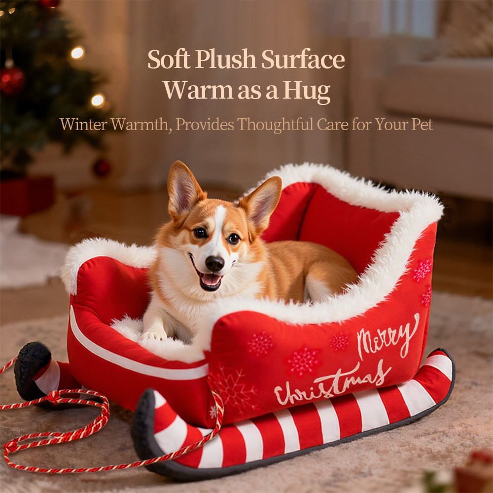 Christmas Santa Sleigh Dog Bed with Non Slip Base Soft Crystal Velvet Beds for Pets
