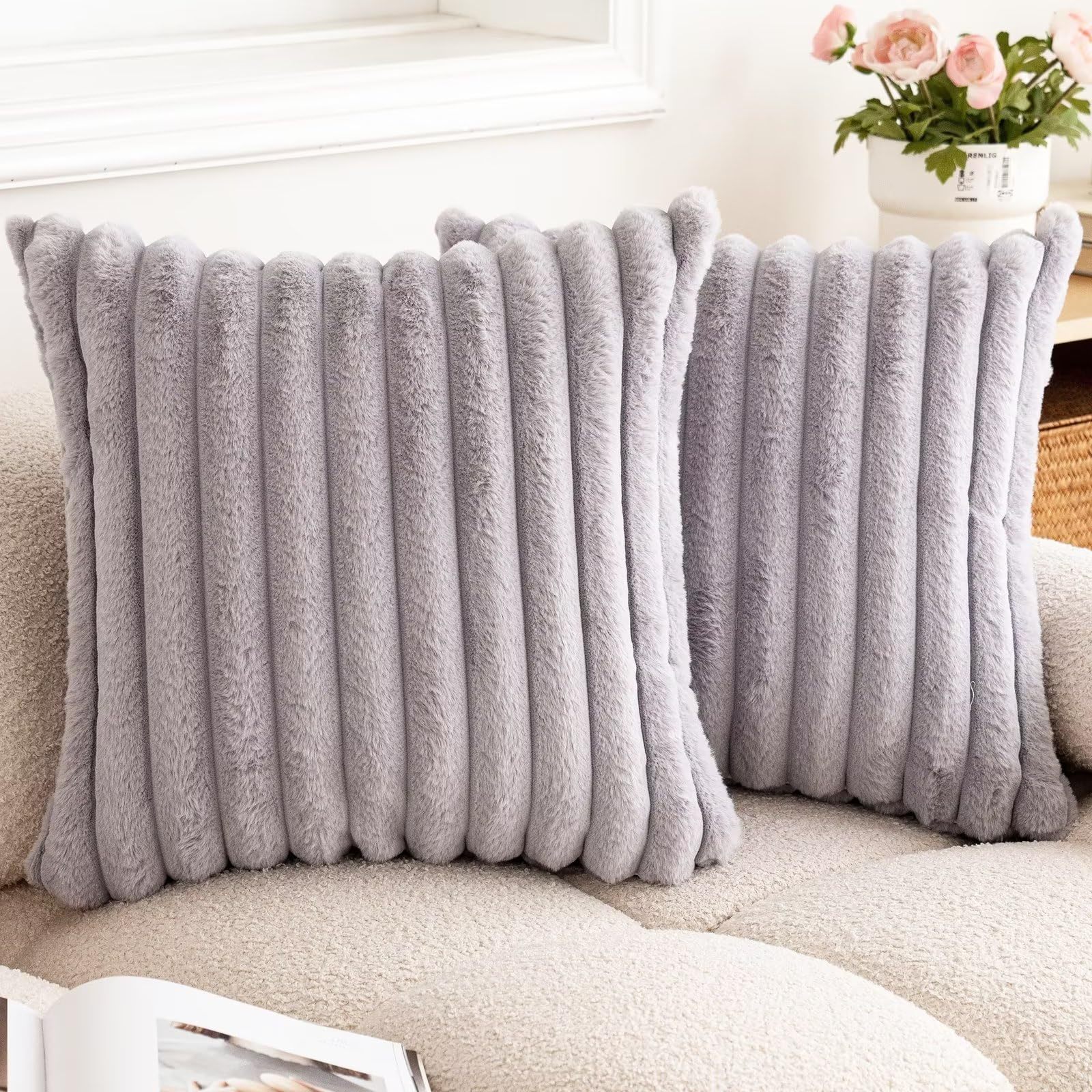 Faux Rabbit Fur Square Cushion Cover New Big Thick Striped Super Soft Solid Color Pillow Cover Sofa Decor Pillowcase