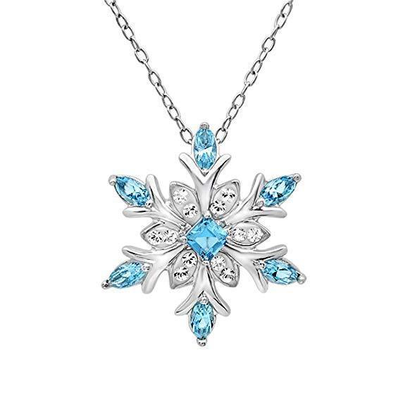 Women's Silver Blue Crystals Snowflake Pendant Fashion Necklace Collarbone Chain
