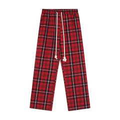 Custom  Plaid Print Drawstring Waist Straight Pants with Pocket
