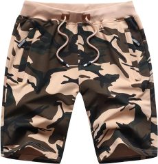 Mens Camo Shorts Casual Elastic Waist Shorts with Drawstring Zipper Pockets