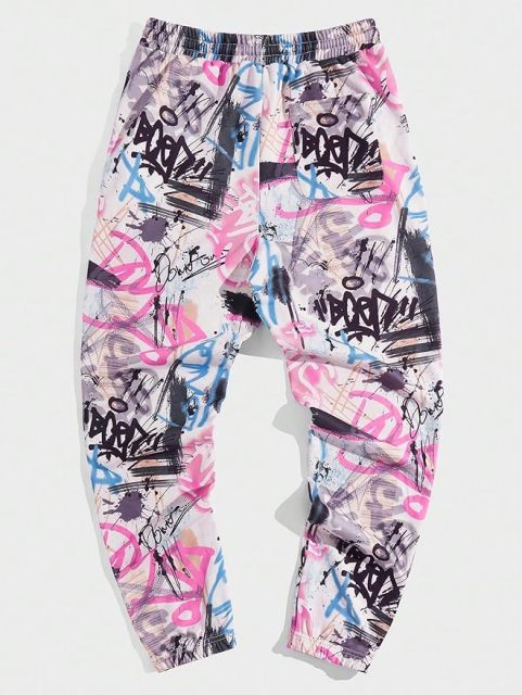 Customer Floral Letter Graphic Print Drawstring Waist Tie Front Sweatpants