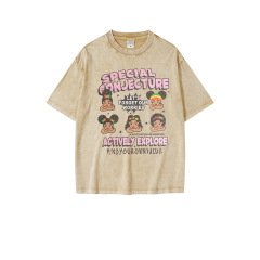 Cartoon Print Washed Distressed Short Sleeves T-shirt-Happy Crown Clothing