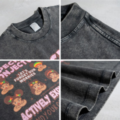 Cartoon Print Washed Distressed Short Sleeves T-shirt-Happy Crown Clothing