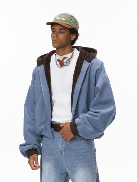 Streetwear Short plush zip-up hooded jacket