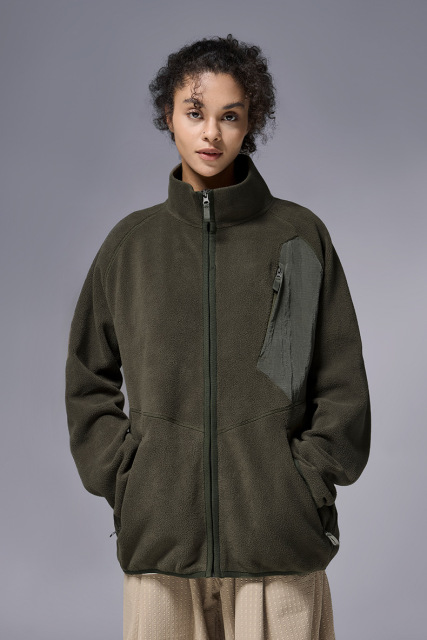 Spring and Autumn Fleece Spliced Stand Collar Zip Up Hoodie