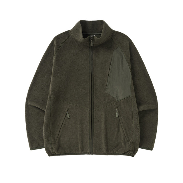 Spring and Autumn Fleece Spliced Stand Collar Zip Up Hoodie