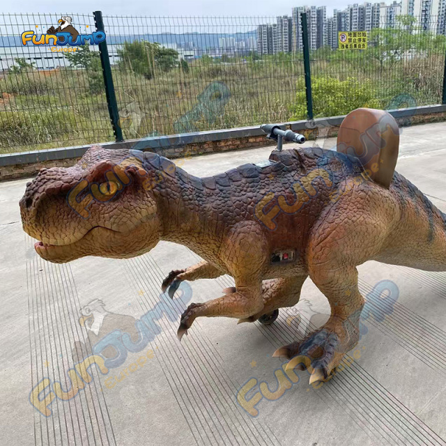 Affordable T-Rex-themed simulated four-wheel ride vehicles available for customization for shopping malls, dinosaur theme parks and amusement parks, and stage performances.