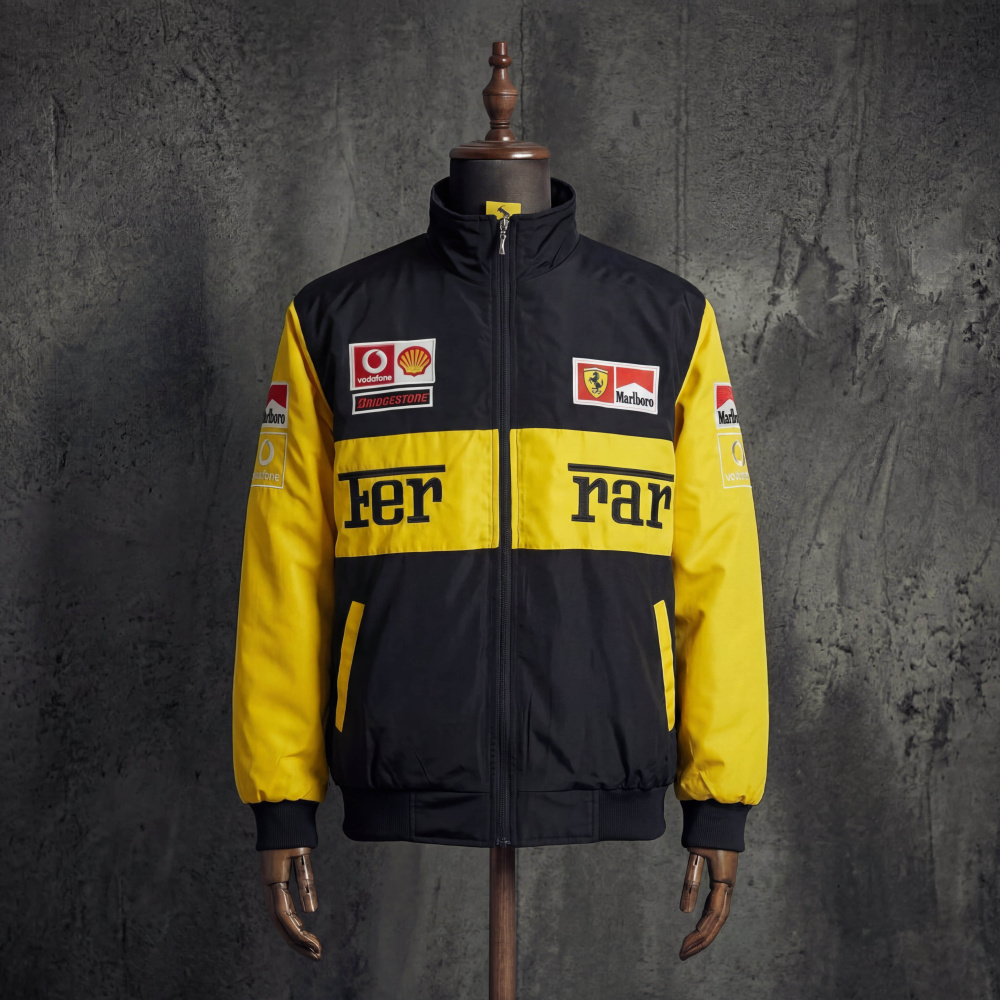 Ferrari Scuderia Marlboro Vodafone Shell Black Yellow Vintage F1 Racing Jacket