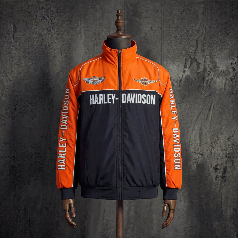 Harley-Davidson Orange Black Vintage Racing Jacket Embroidered Bomber