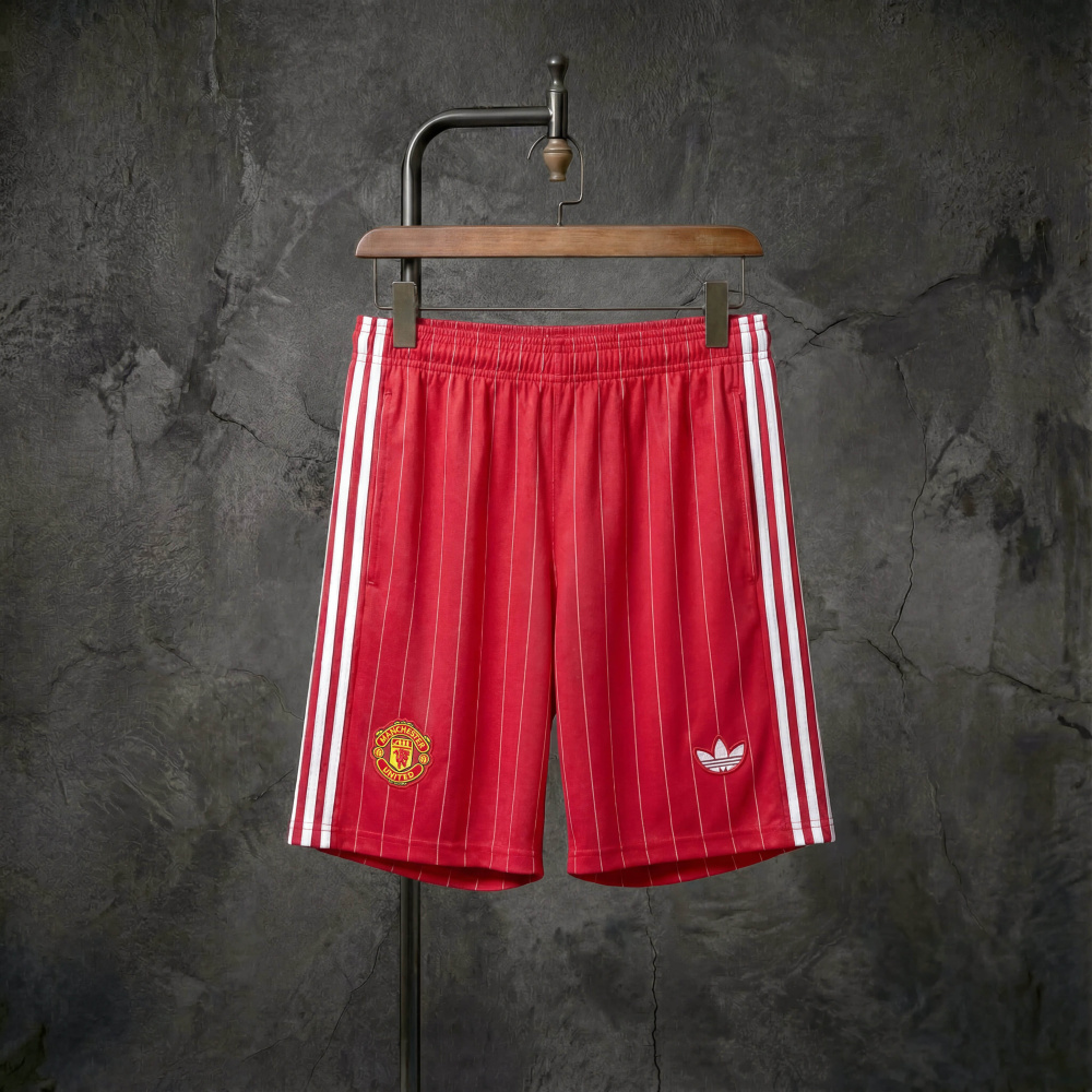 Manchester United x adidas Originals Red Pinstripe Shorts, sizes S-XXL